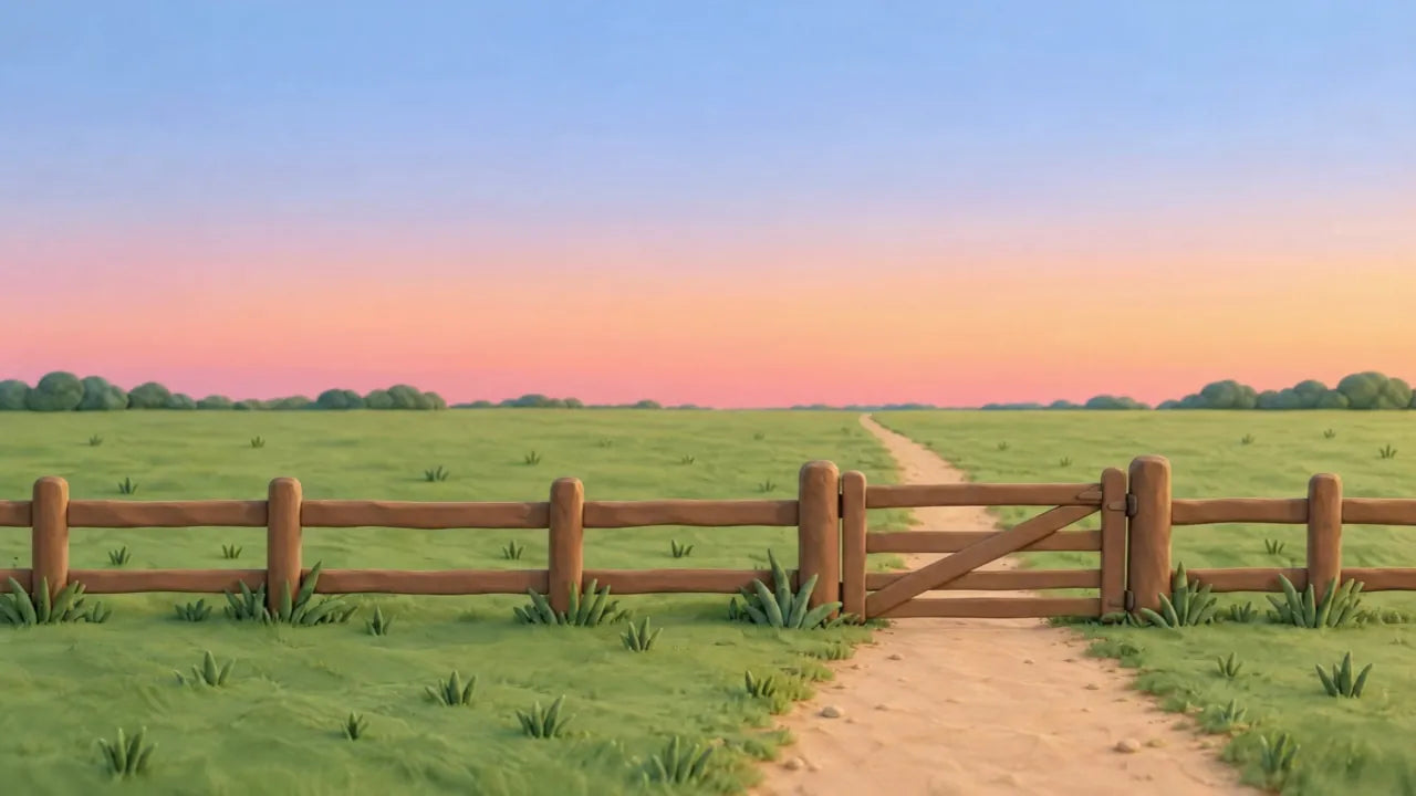 A wooden field gate at dusk that swings open as you scroll, a dirt path running through it