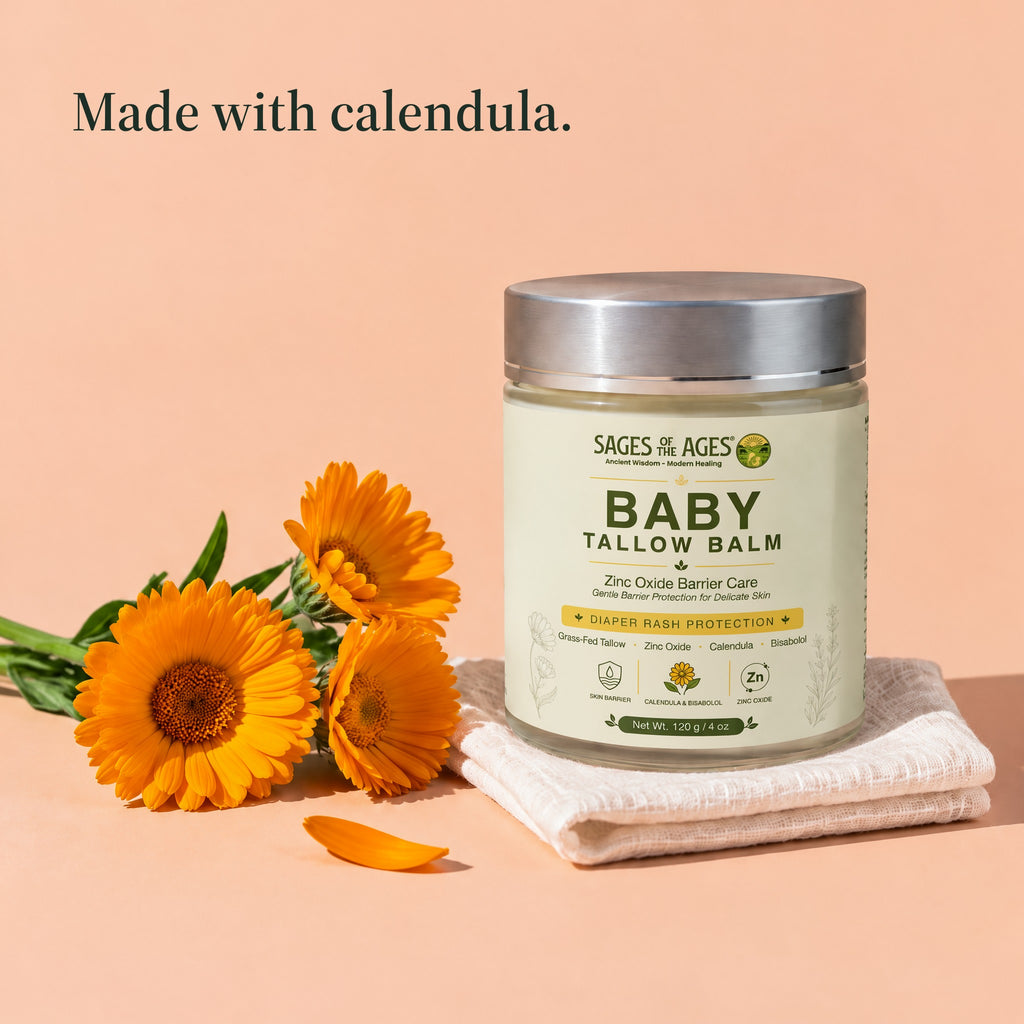 Jar of baby tallow balm on a folded cloth beside orange calendula flowers. Made with calendula.