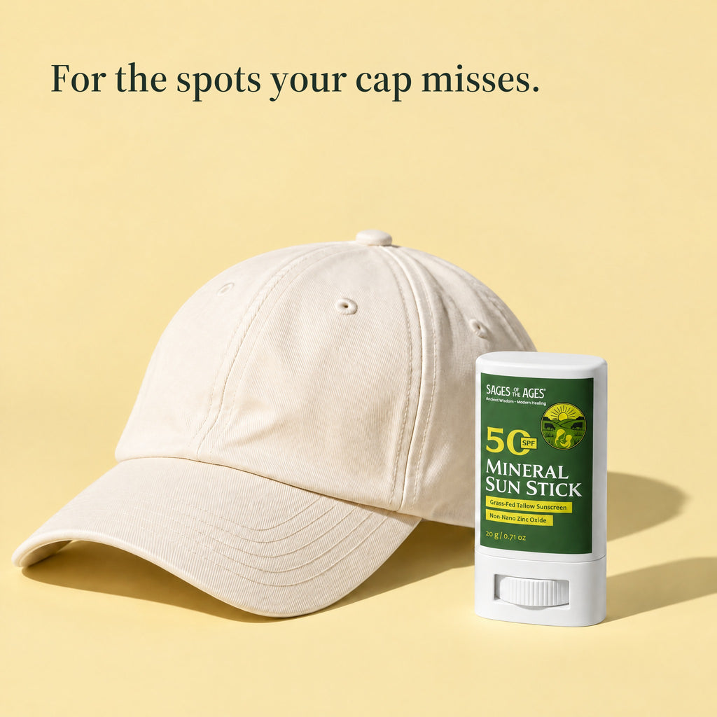 SPF 50 mineral sun stick standing beside a cream baseball cap. For the spots your cap misses.