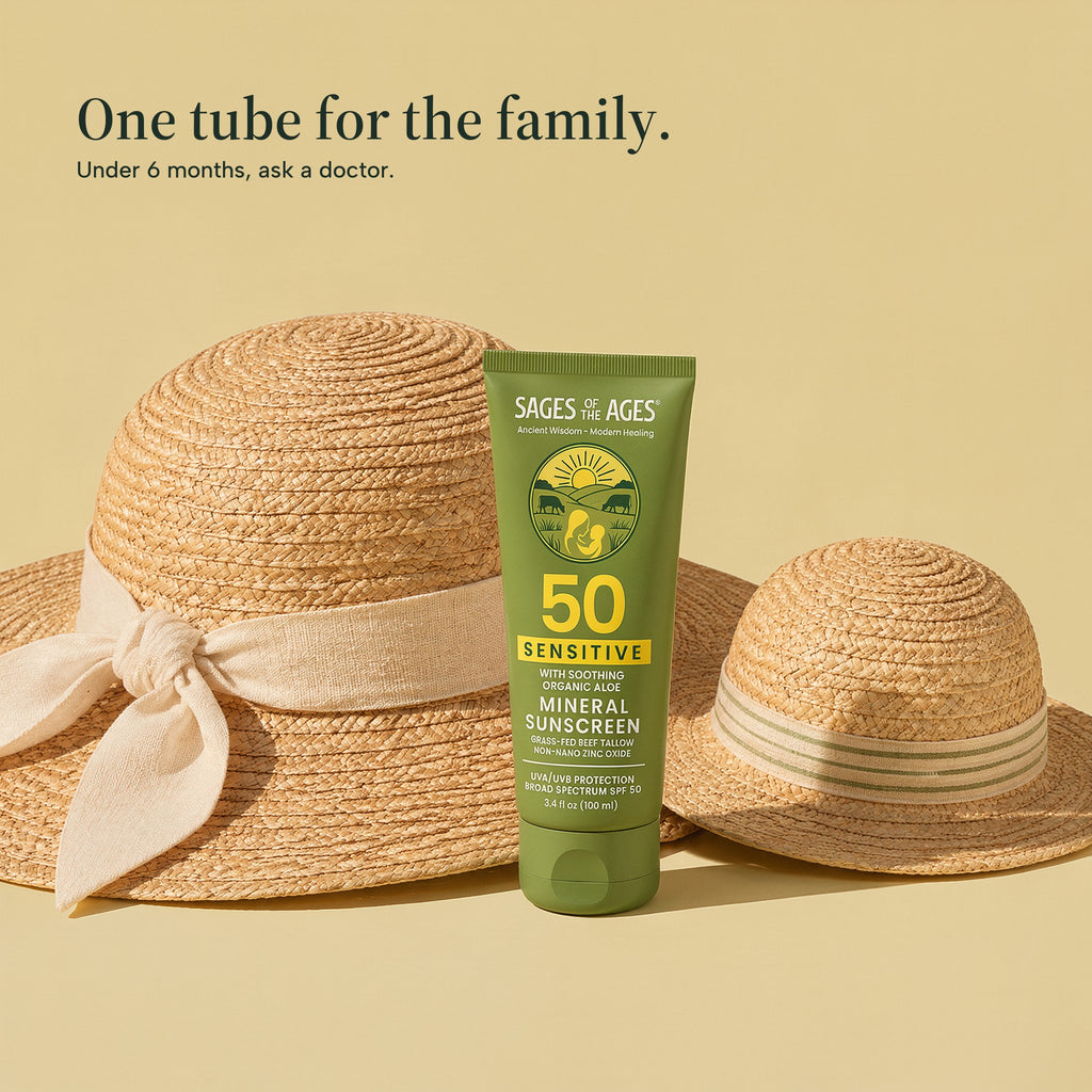 Tube of SPF 50 mineral sunscreen lotion standing between two straw sun hats. One tube for the family. Under 6 months, ask a doctor.