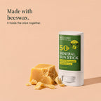 SPF 50 mineral sun stick beside a block of beeswax. Made with beeswax. It holds the stick together.