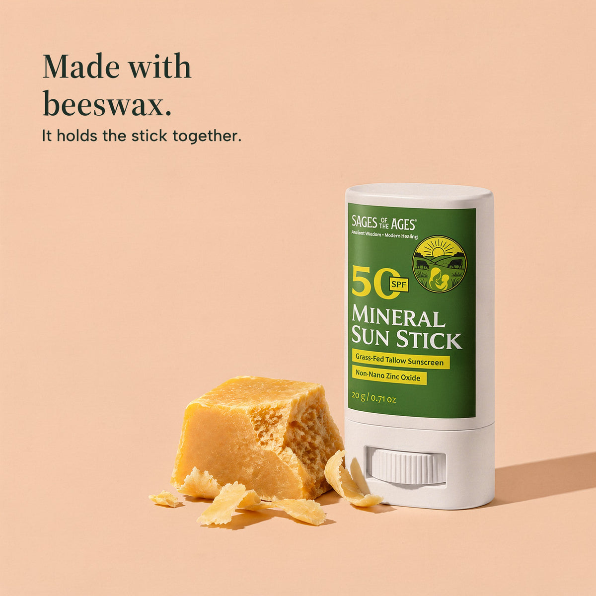 SPF 50 mineral sun stick beside a block of beeswax. Made with beeswax. It holds the stick together.
