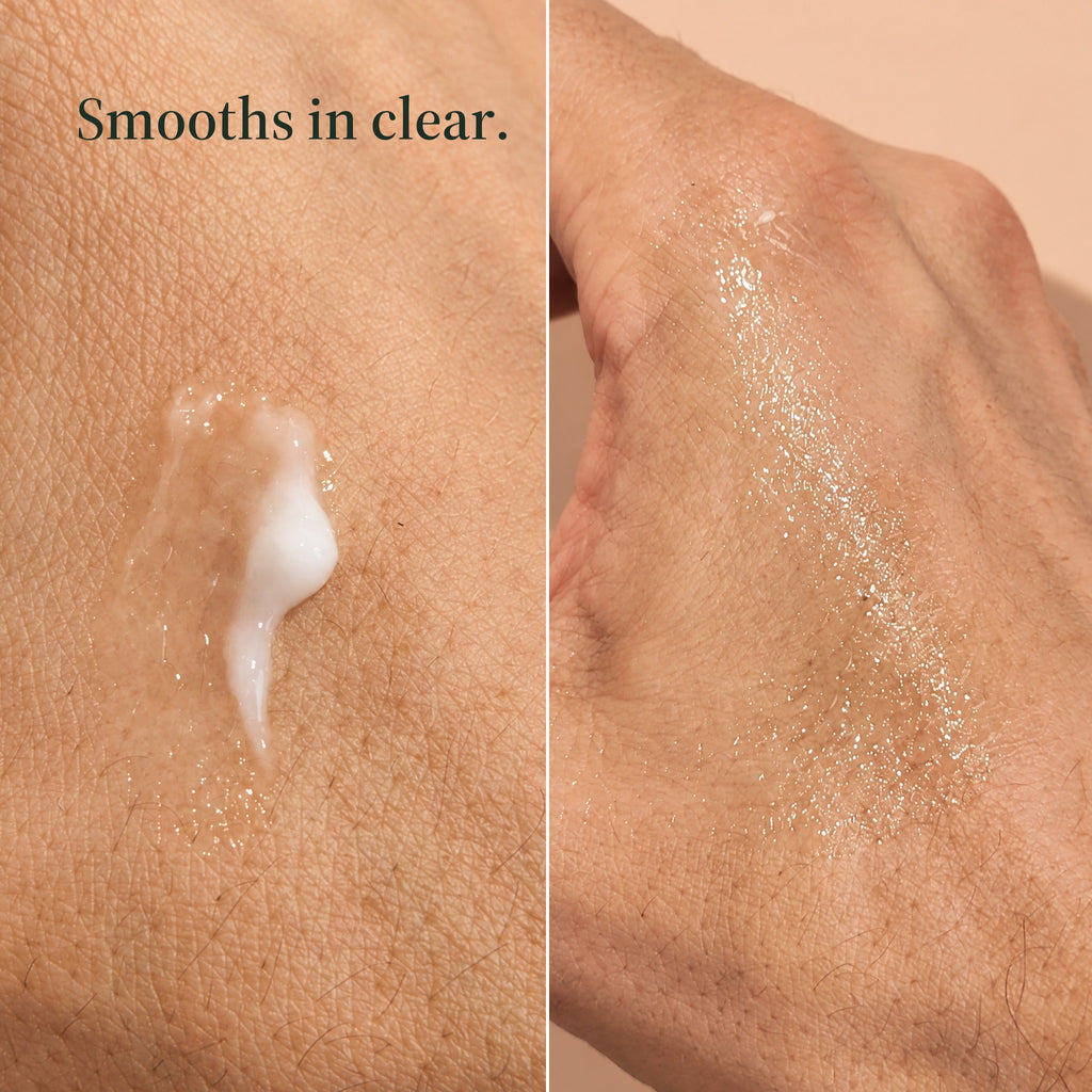Two views of a hand: a dab of baby tallow balm on the skin, then the same spot once it is smoothed in. Smooths in clear.
