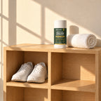 Grass-fed tallow deodorant on a wooden cubby shelf with a rolled towel and white running shoes.