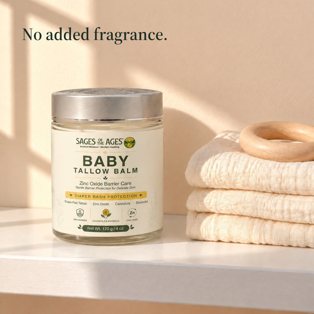 Jar of baby tallow balm on a nursery shelf next to folded muslin cloths and a wooden teething ring. No added fragrance.