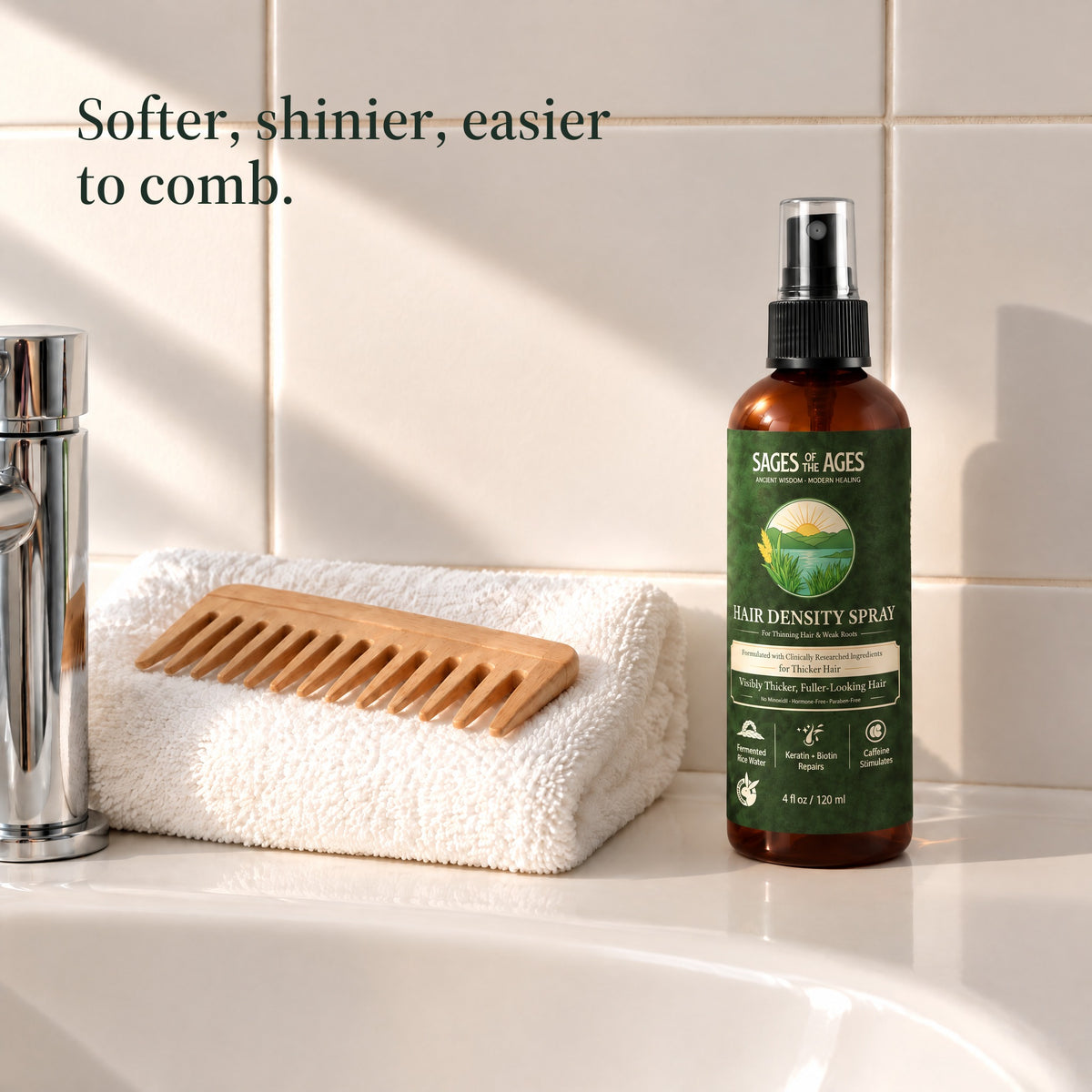 Bottle of rice water hair spray on a bathroom basin beside a wooden comb on a folded towel. Softer, shinier, easier to comb.