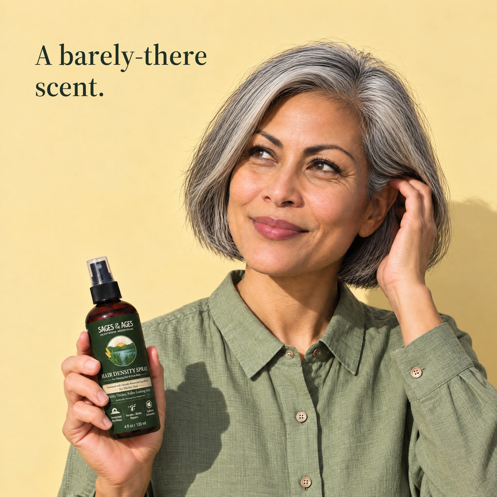 A woman with grey hair holds up the bottle of rice water hair spray against a yellow wall. A barely-there scent.
