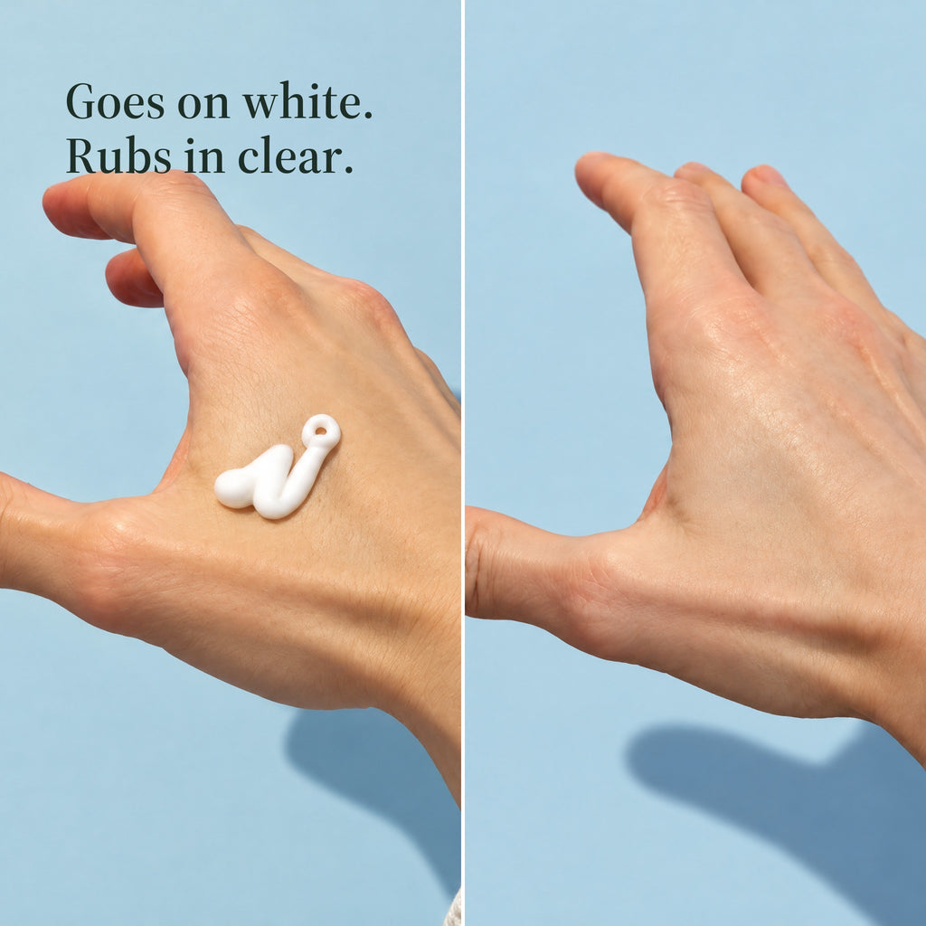 Two views of a hand: a white line of sunscreen lotion on the back, then the same hand once it is rubbed in. Goes on white. Rubs in clear.