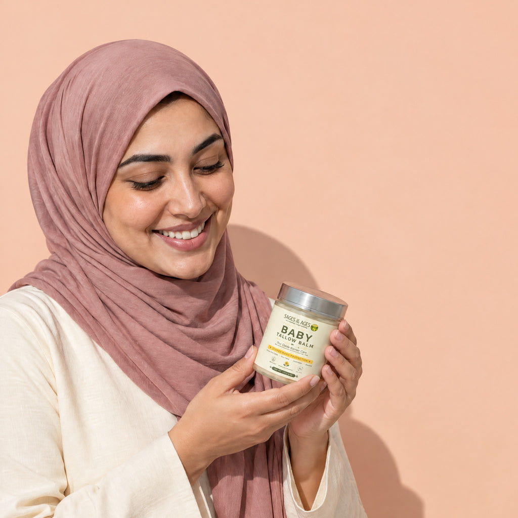 A woman in a pink headscarf smiles down at the jar of baby tallow balm in her hands.