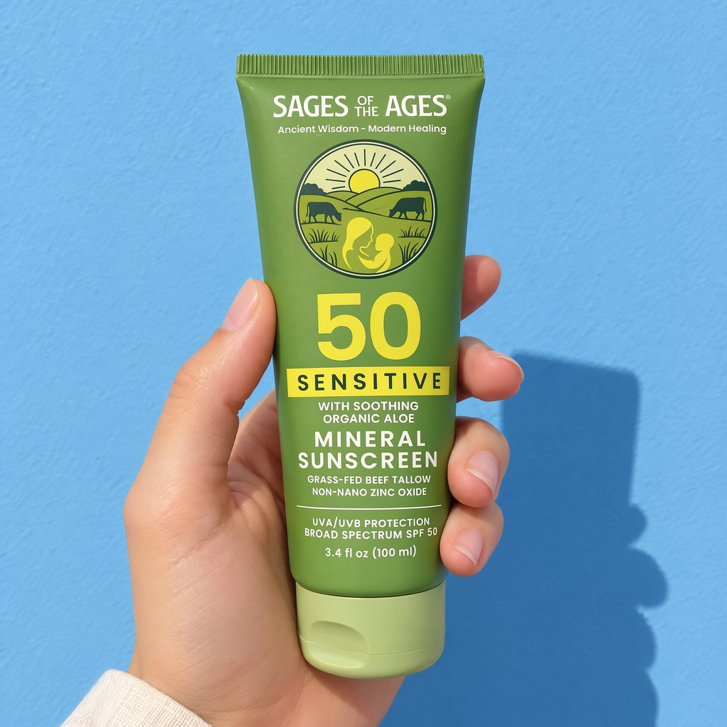 A hand holds up the tube of SPF 50 mineral sunscreen lotion against a blue wall.