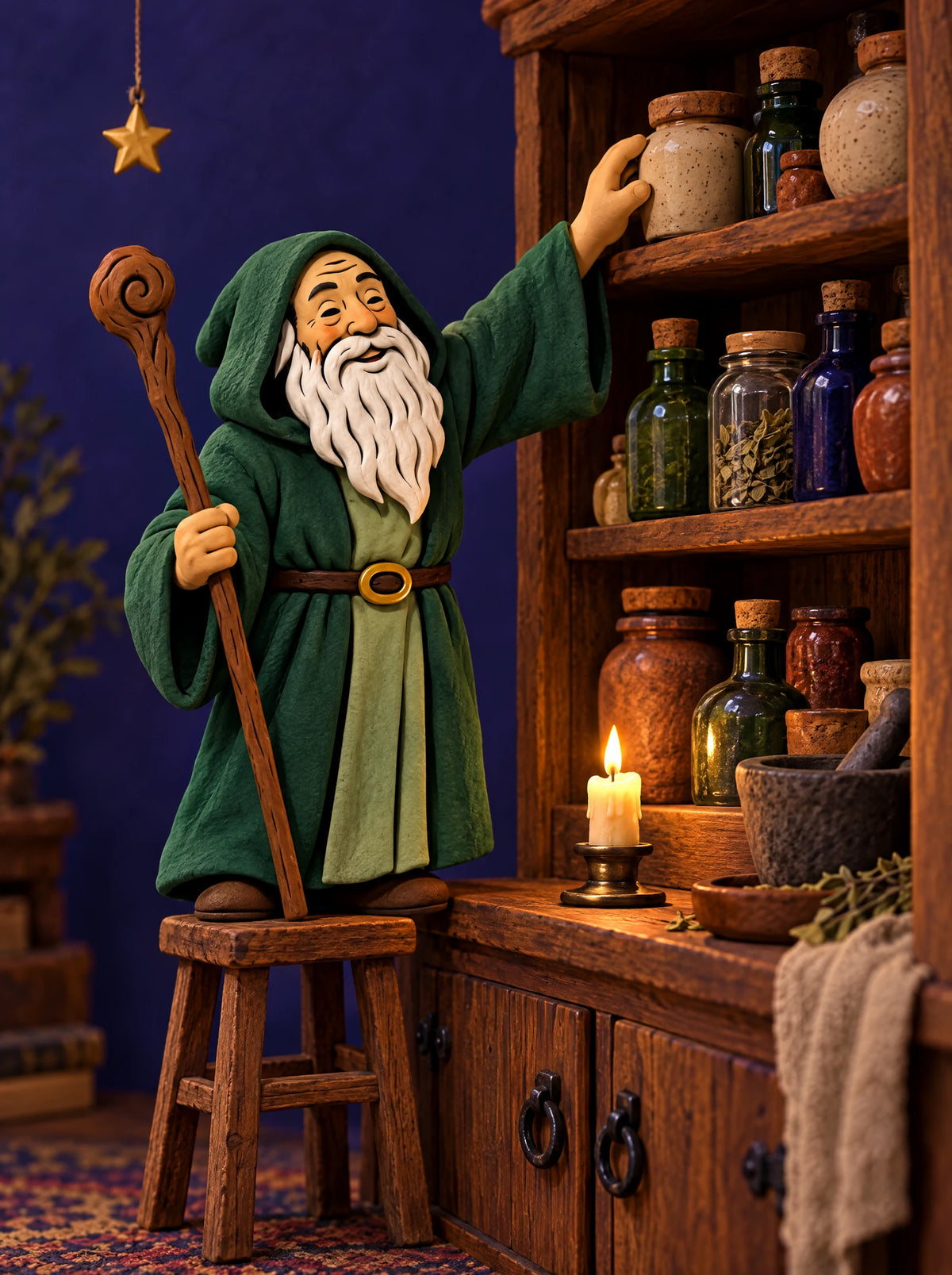 A clay wizard in a green hooded robe stands on a stool and reaches for a jar on a lamplit shelf of jars and bottles