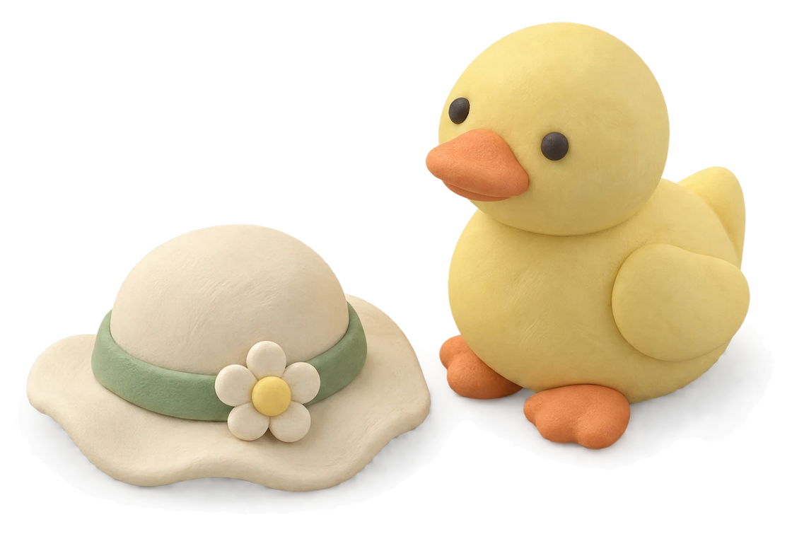 A little yellow clay duck beside a small cream sun hat