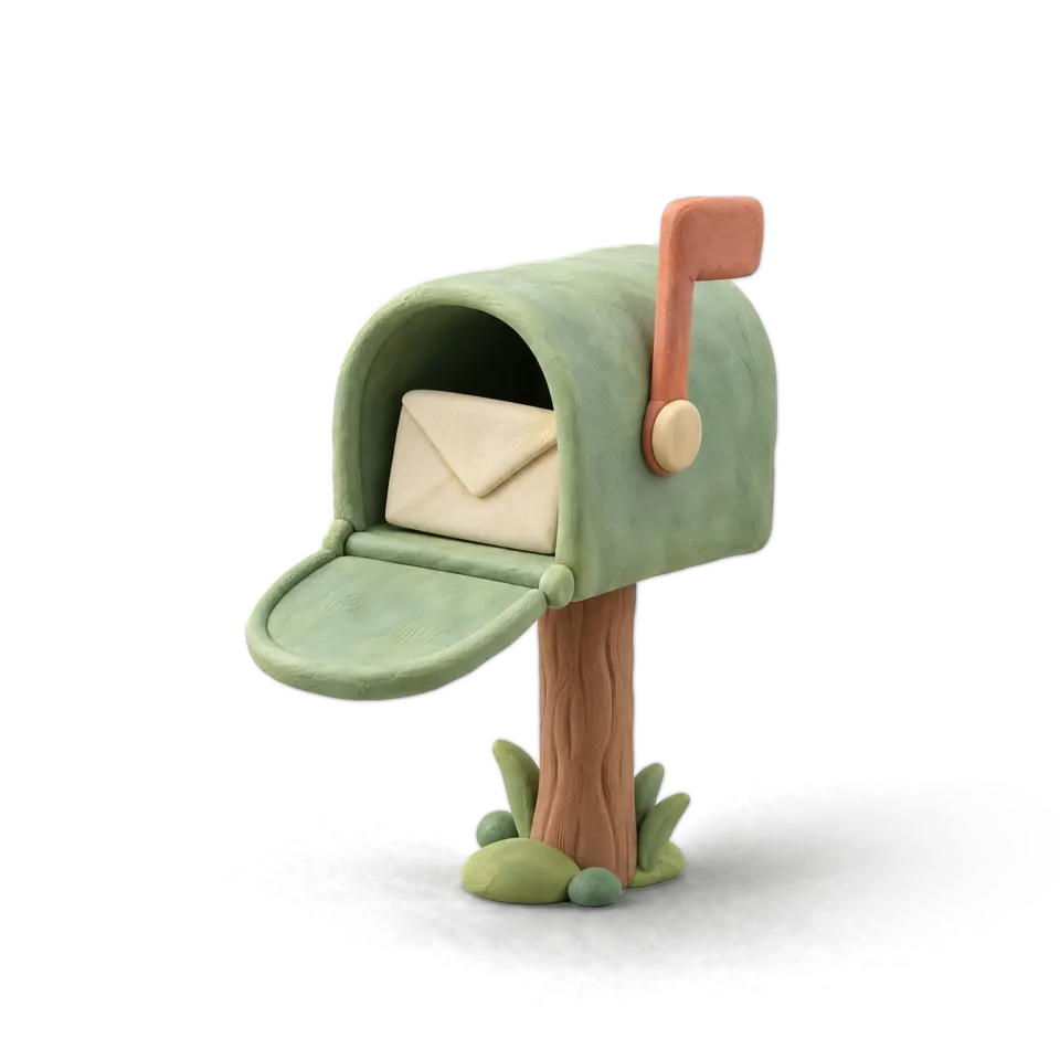 A clay mailbox on a post, its door open and an envelope inside