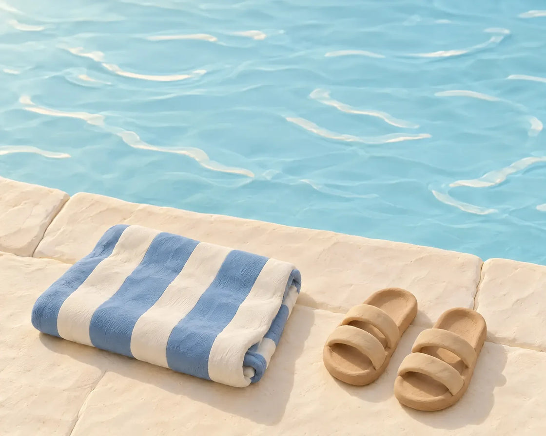 A folded blue and white striped clay towel and a pair of sandals on pale stone at the edge of a clay pool