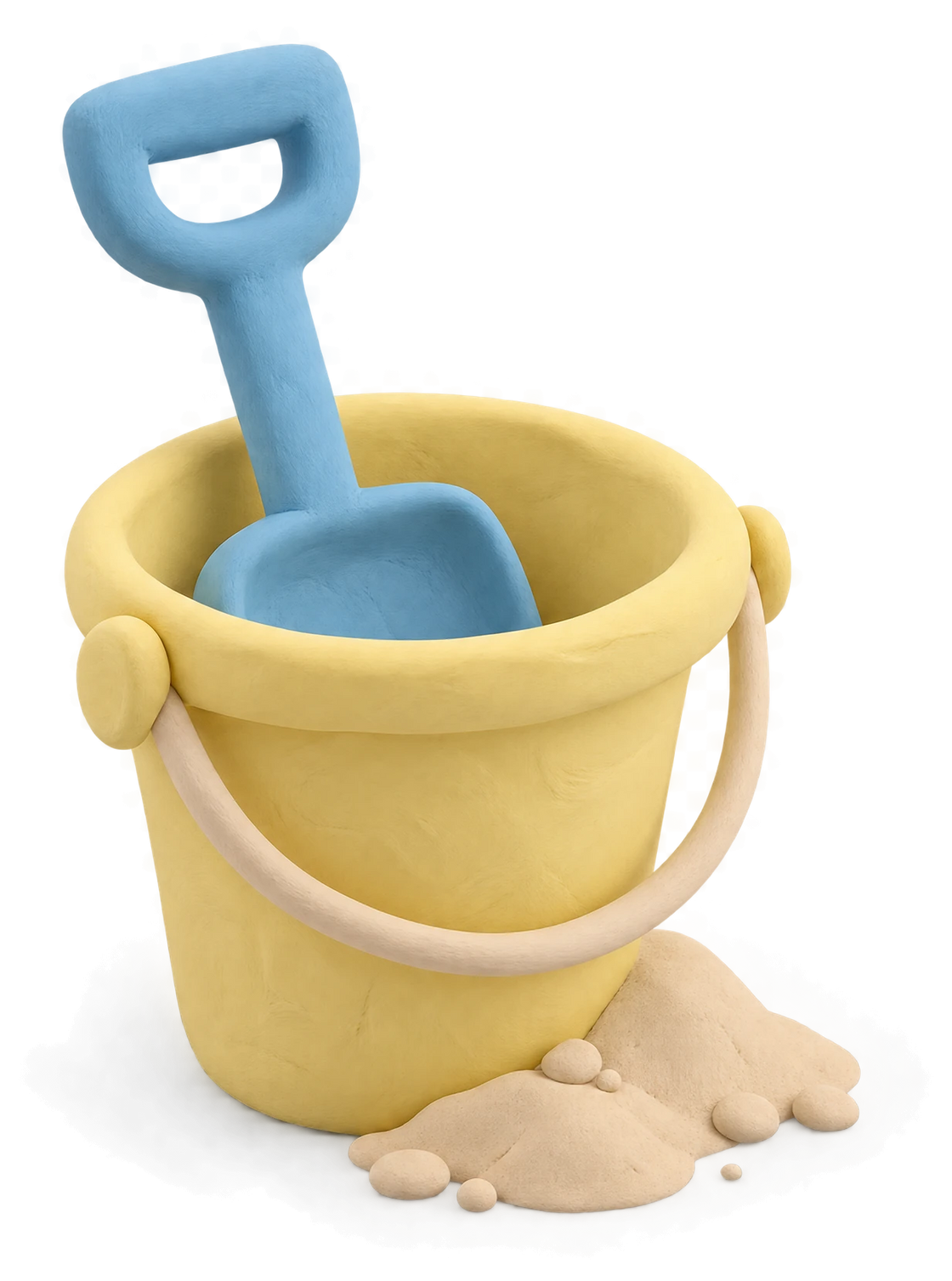 A yellow clay bucket with a blue spade in it and a little heap of sand
