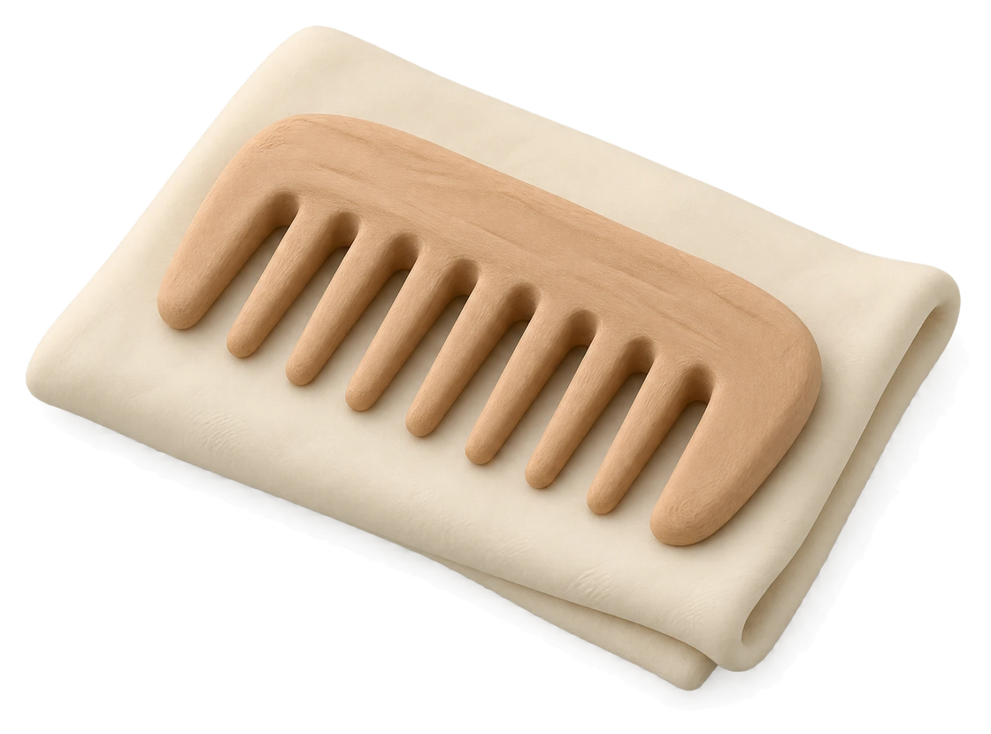 A wide-toothed wooden comb resting on a folded cream cloth