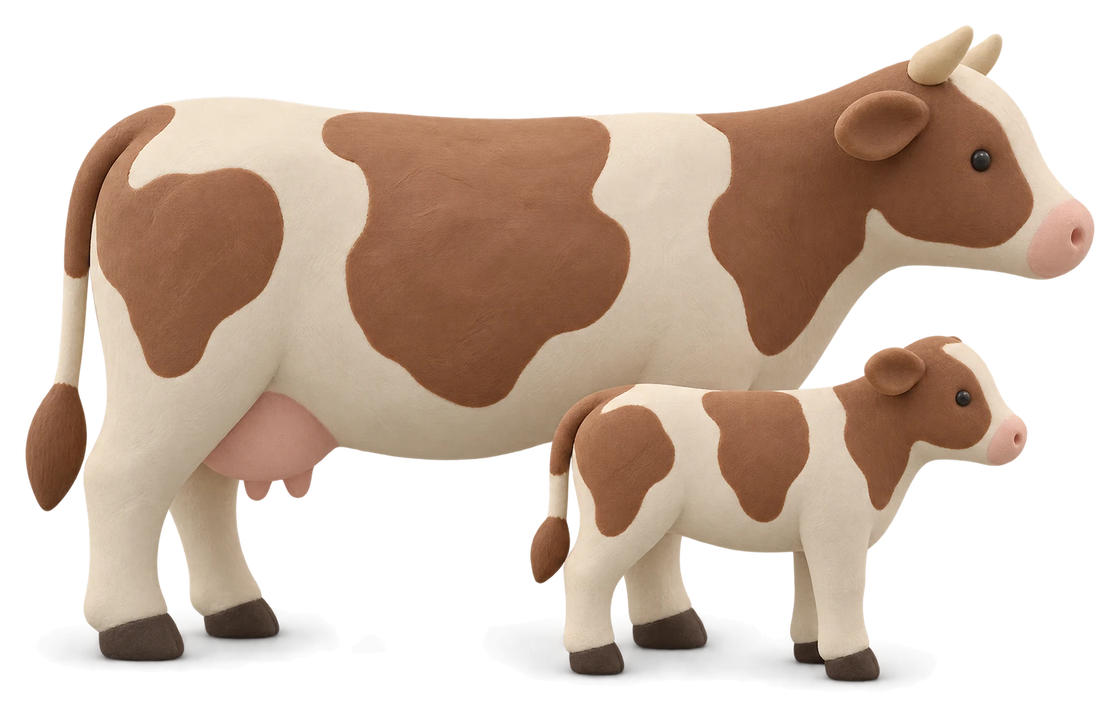 A brown and cream clay cow standing with her calf beside her