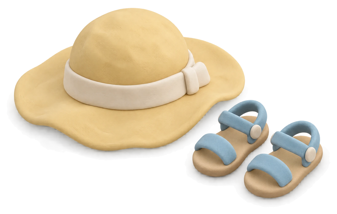 A small clay sun hat with a cream band, and a pair of little blue sandals