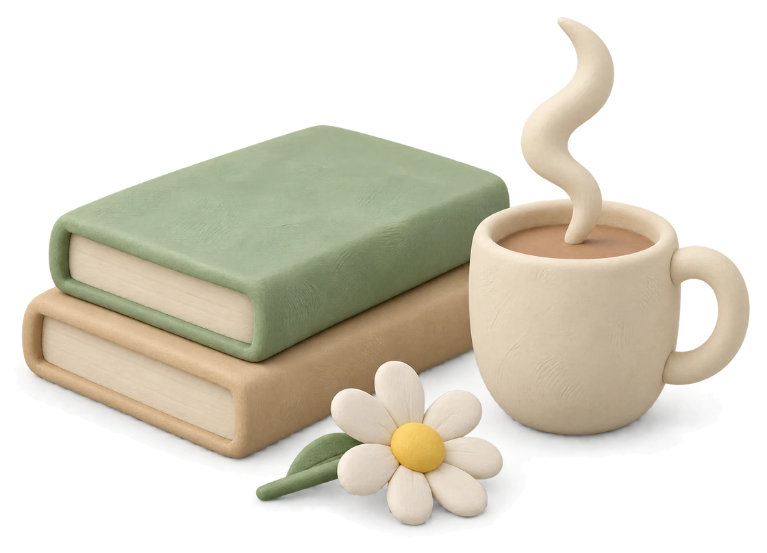 Two clay books, a steaming cup and a daisy