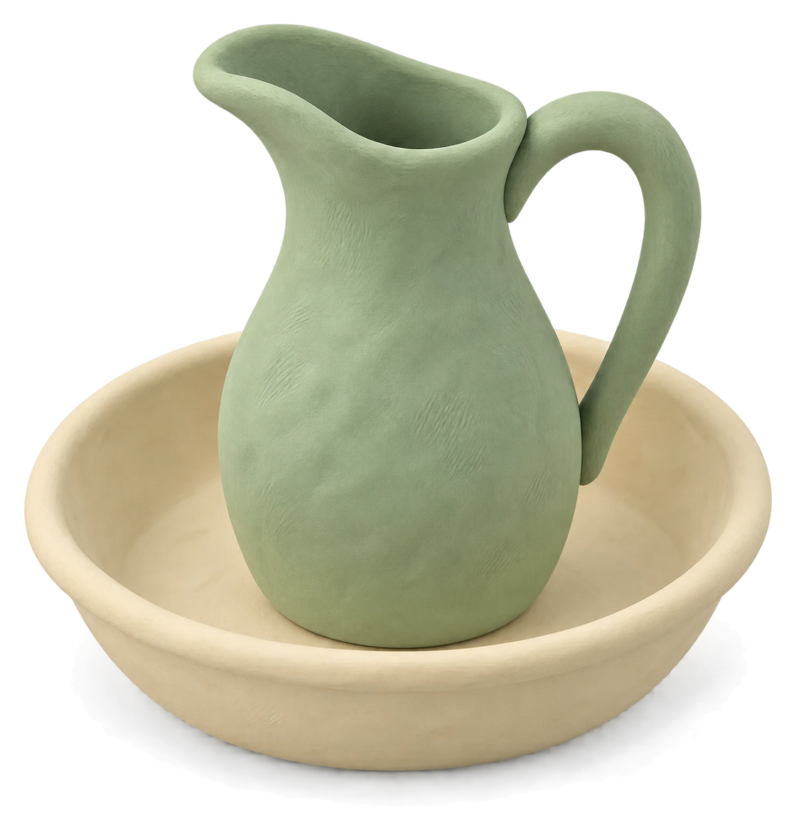 A green clay jug standing in a wide cream basin