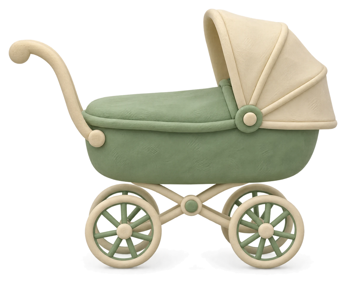 A green clay pram with a cream hood and spoked wheels