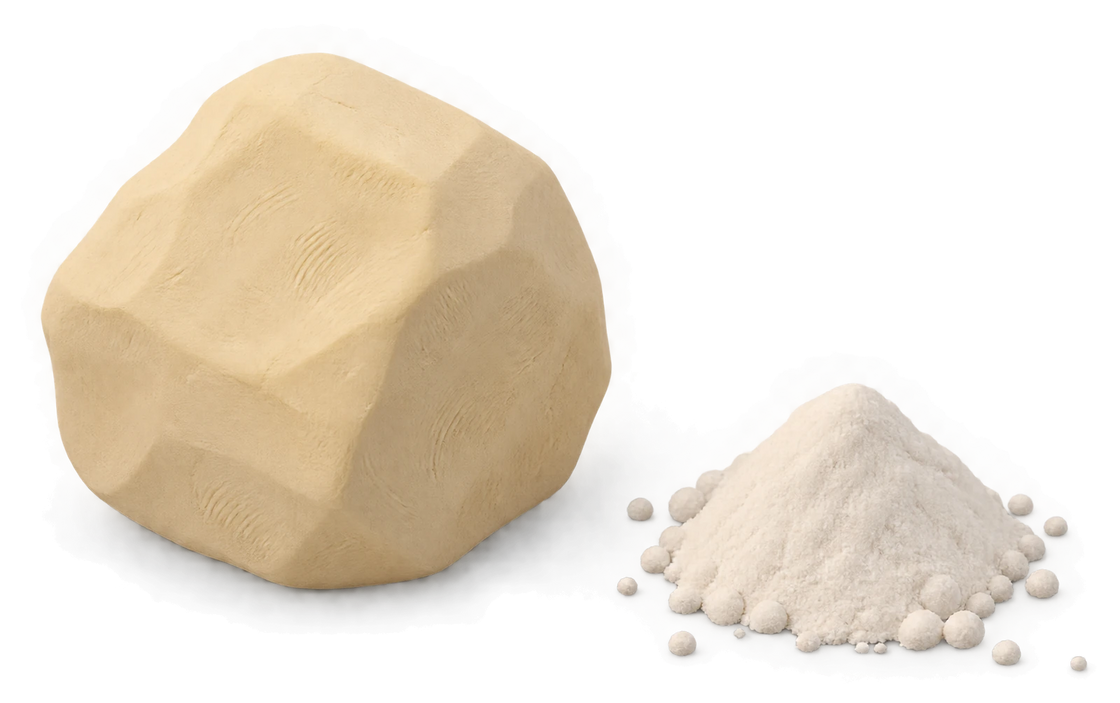 A pale clay stone beside a small heap of fine white powder