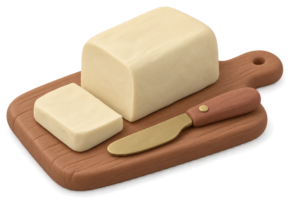 A block of pale clay tallow on a wooden board, a slice cut off and a knife beside it