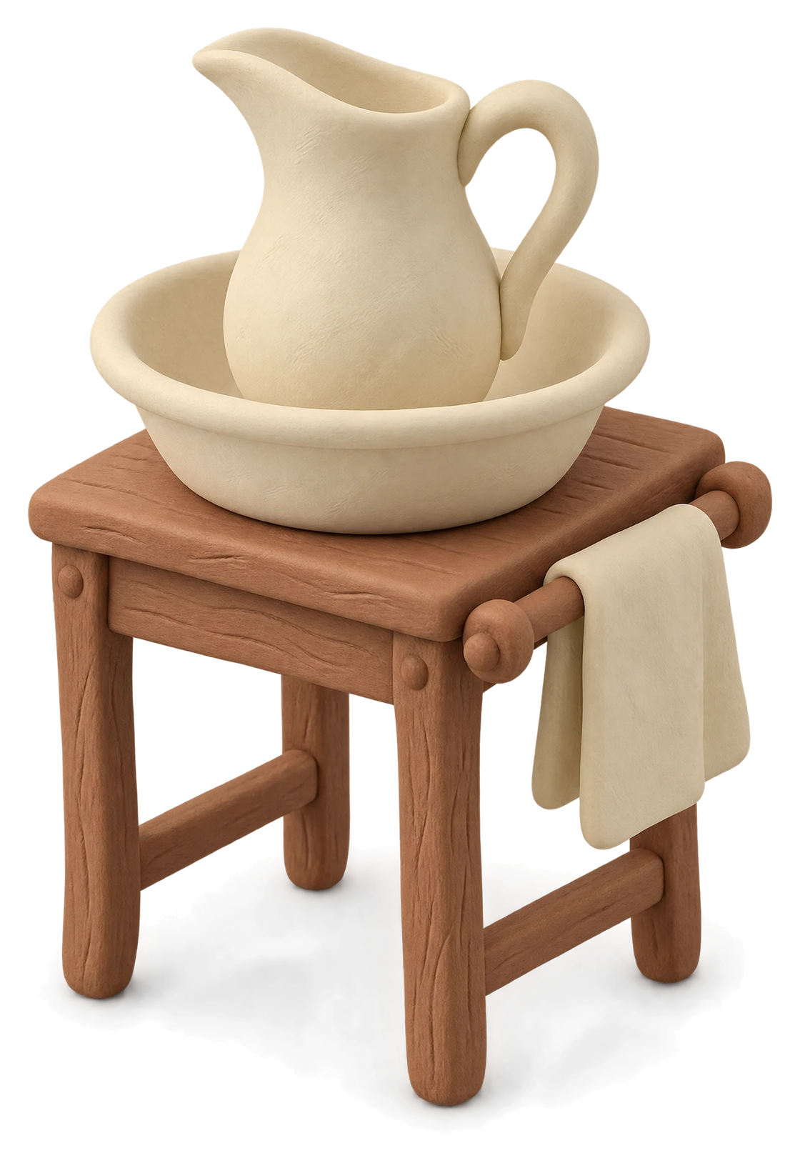 A small wooden washstand with a cream jug in a basin and a towel over the rail