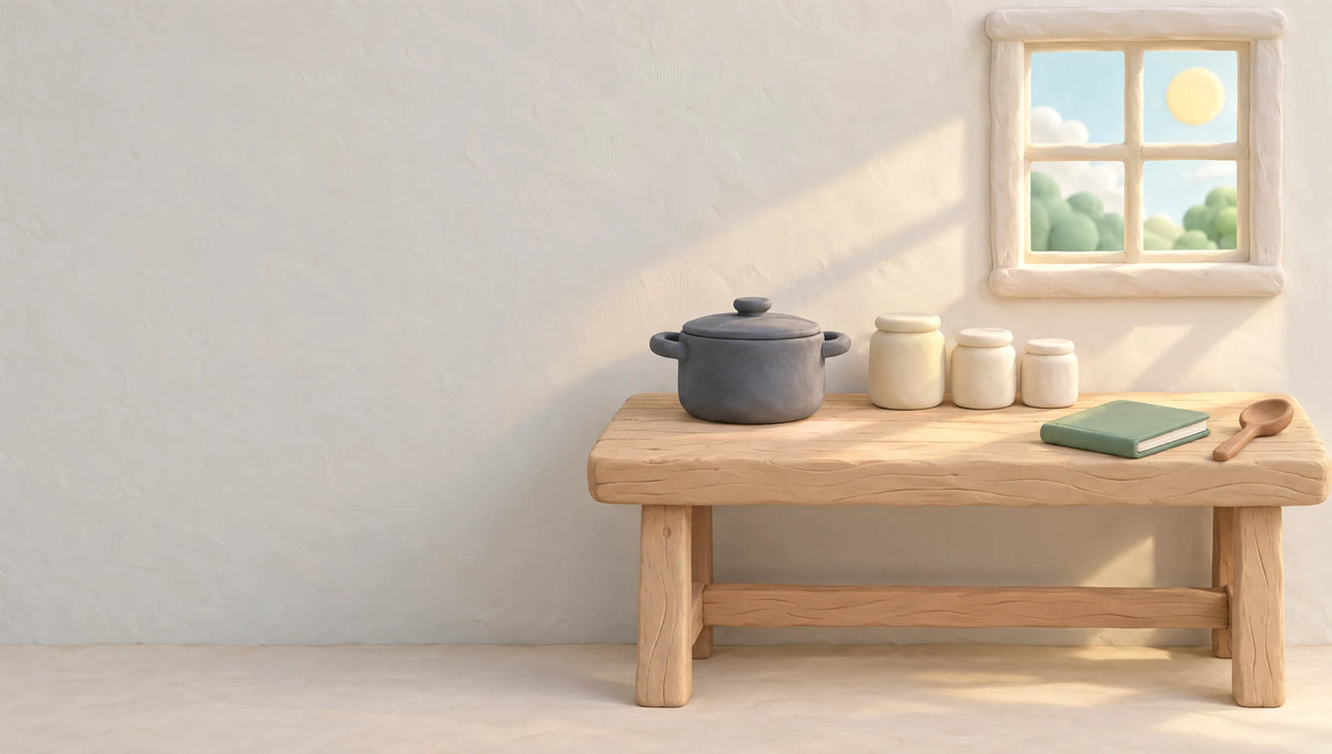 A wooden workbench under a small window, with a pot, three jars, a green notebook and a spoon