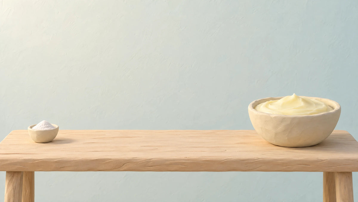 A very small clay bowl of white powder at one end of a table, a large bowl of pale tallow at the other