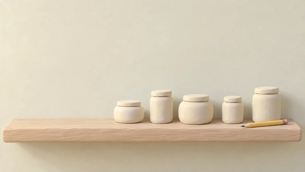 Five cream clay jars of different sizes on a wooden shelf, a yellow pencil beside them