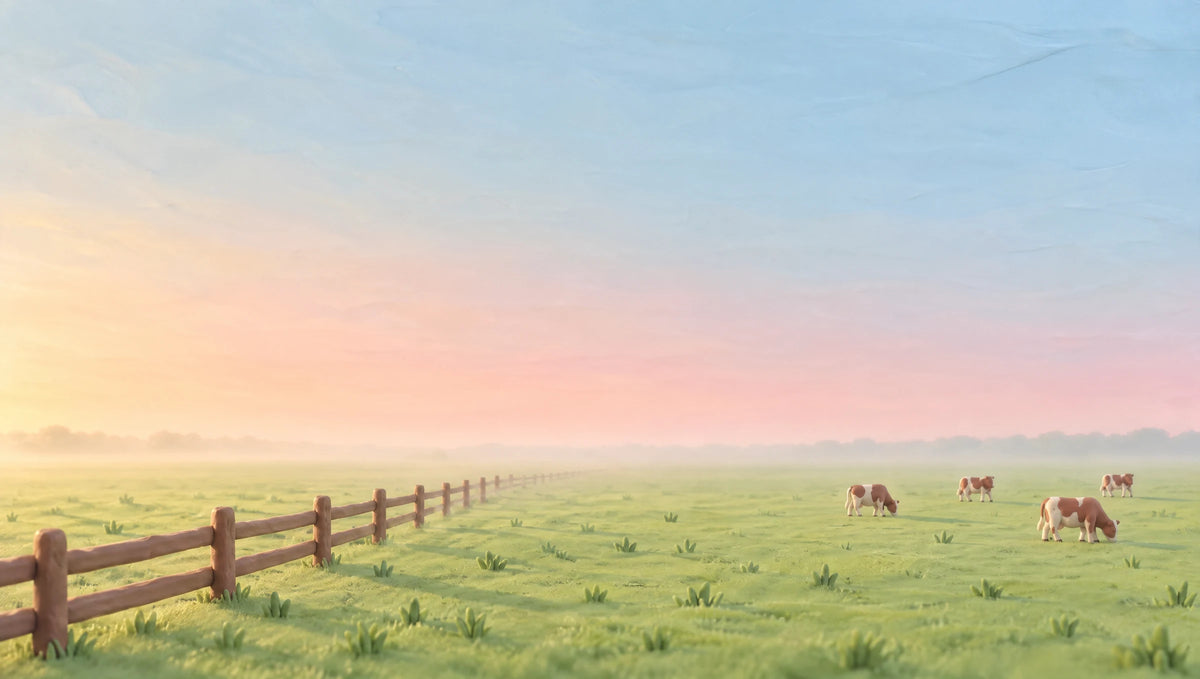 Clay cows grazing on a green pasture at dawn, a wooden fence running away to the left