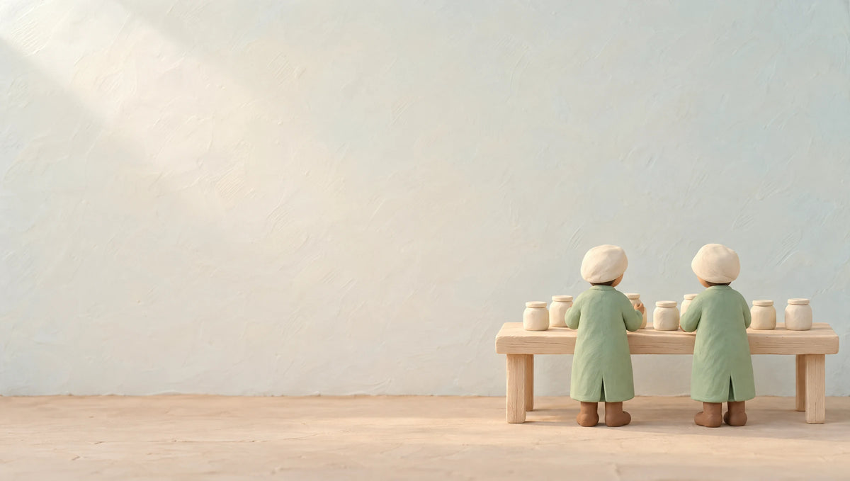 Two small clay figures in green coats and cream caps, seen from behind, working at a table of jars