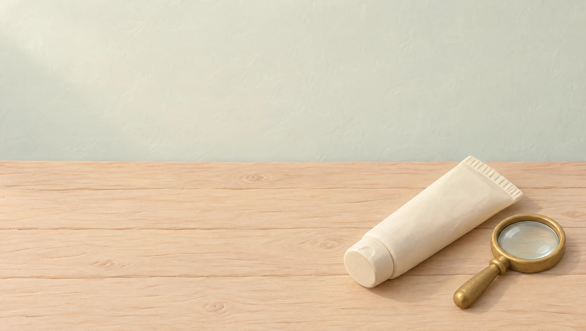 A cream clay tube lying on a wooden table beside a brass magnifier