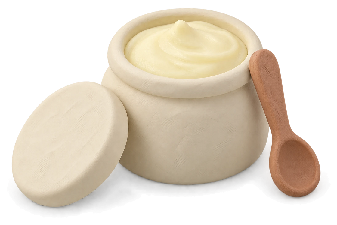 A clay pot of pale tallow with its lid off and a wooden spoon beside it