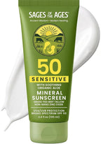 Front of the tube of Sages of the Ages SPF 50 mineral sunscreen lotion with grass-fed beef tallow, beside a swirl of the white lotion.