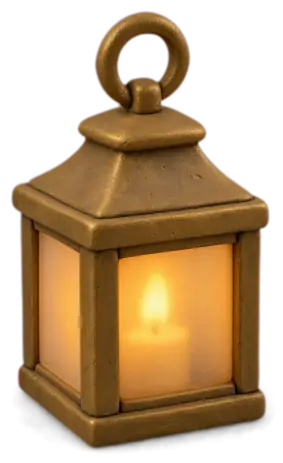 A small brass clay lantern with a candle burning inside