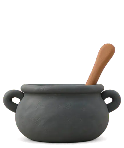 A dark clay pot with a wooden spoon standing in it, steam rising from the top