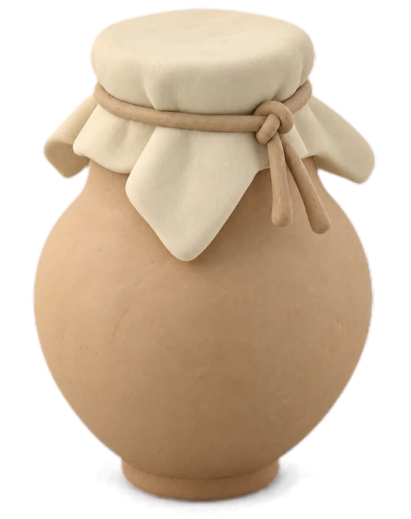 A round clay jar with a cloth tied over its mouth with string