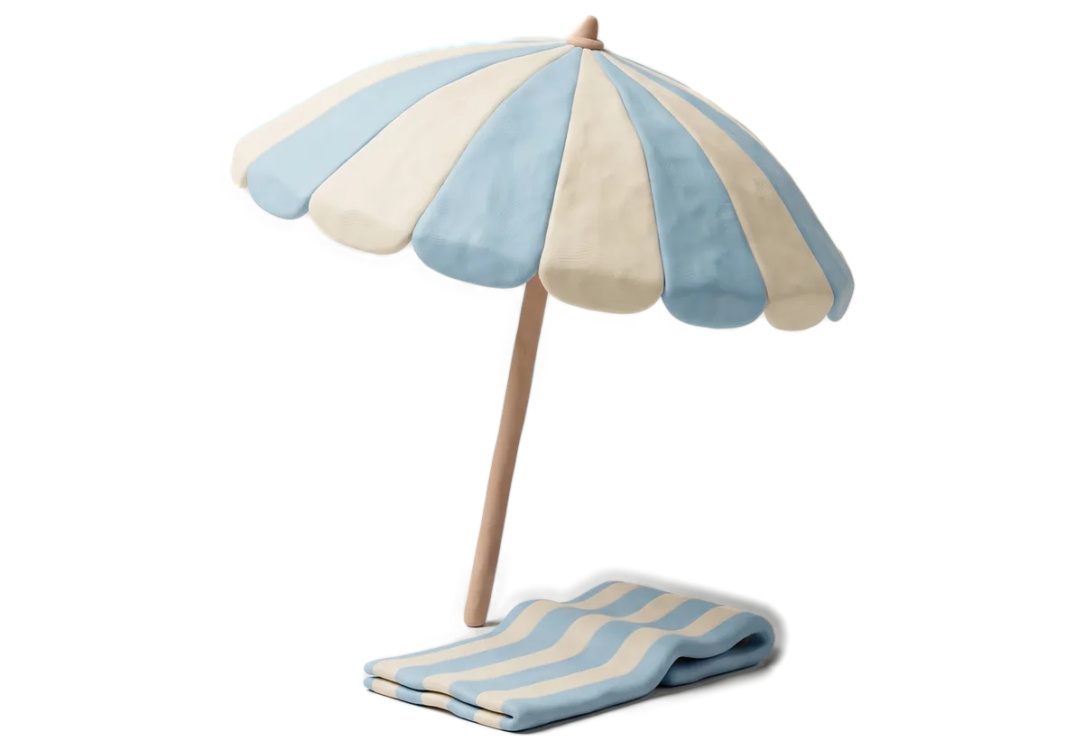 A clay beach parasol, open, with a folded striped towel at its foot